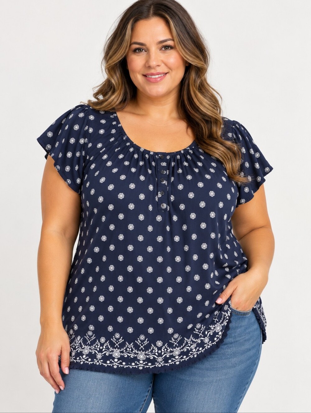 Karen Scott Woman Floral Border Print Peasant Top Plus Size 3X Navy Blue
